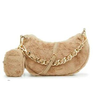 Steve Madden Faux Fur Shoulder Bag Crossbody Beige Plush Purse Gold Chain Strap